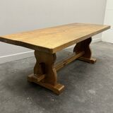 Vintage large French blonde oak monastery dining table, 1960s.