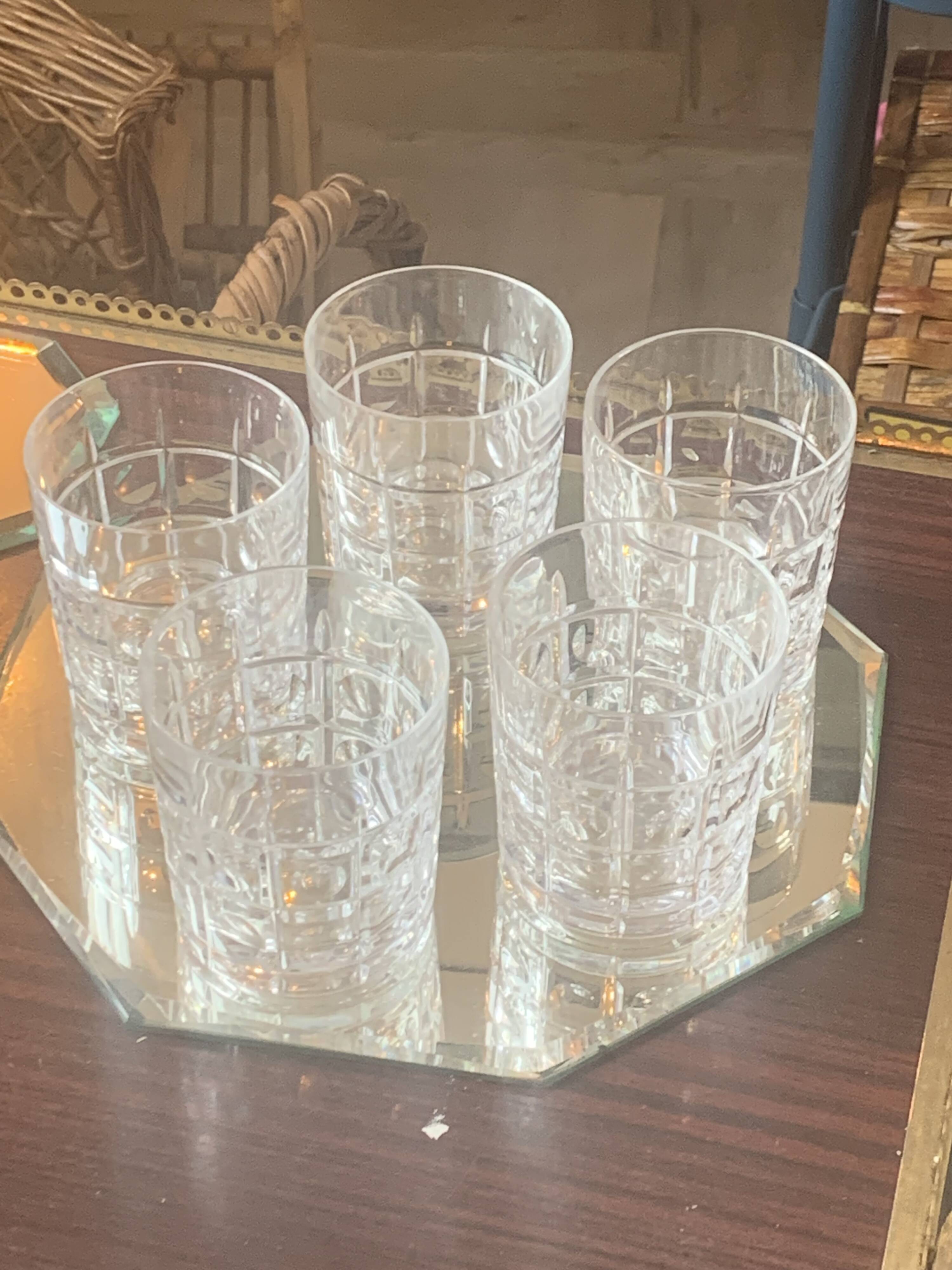 5 whisky glasses, Cristal Bayel stamps, transparent crystal with patterns