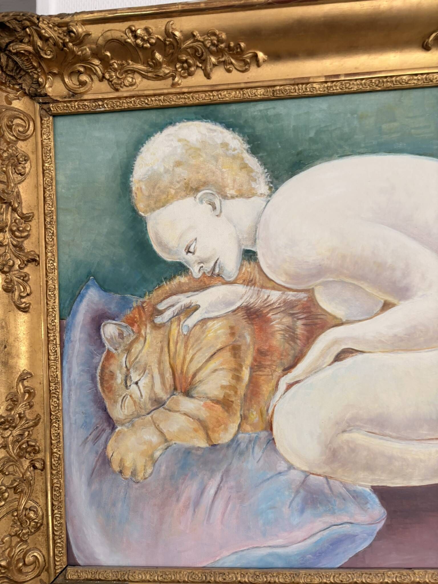 Oil Painting Canvas Psyche Woman Nude with Cat After Leonor Fini