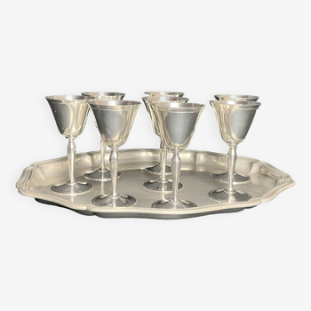 eight glasses on foot on pewter tray 20th century