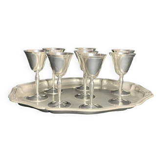 eight glasses on foot on pewter tray 20th century