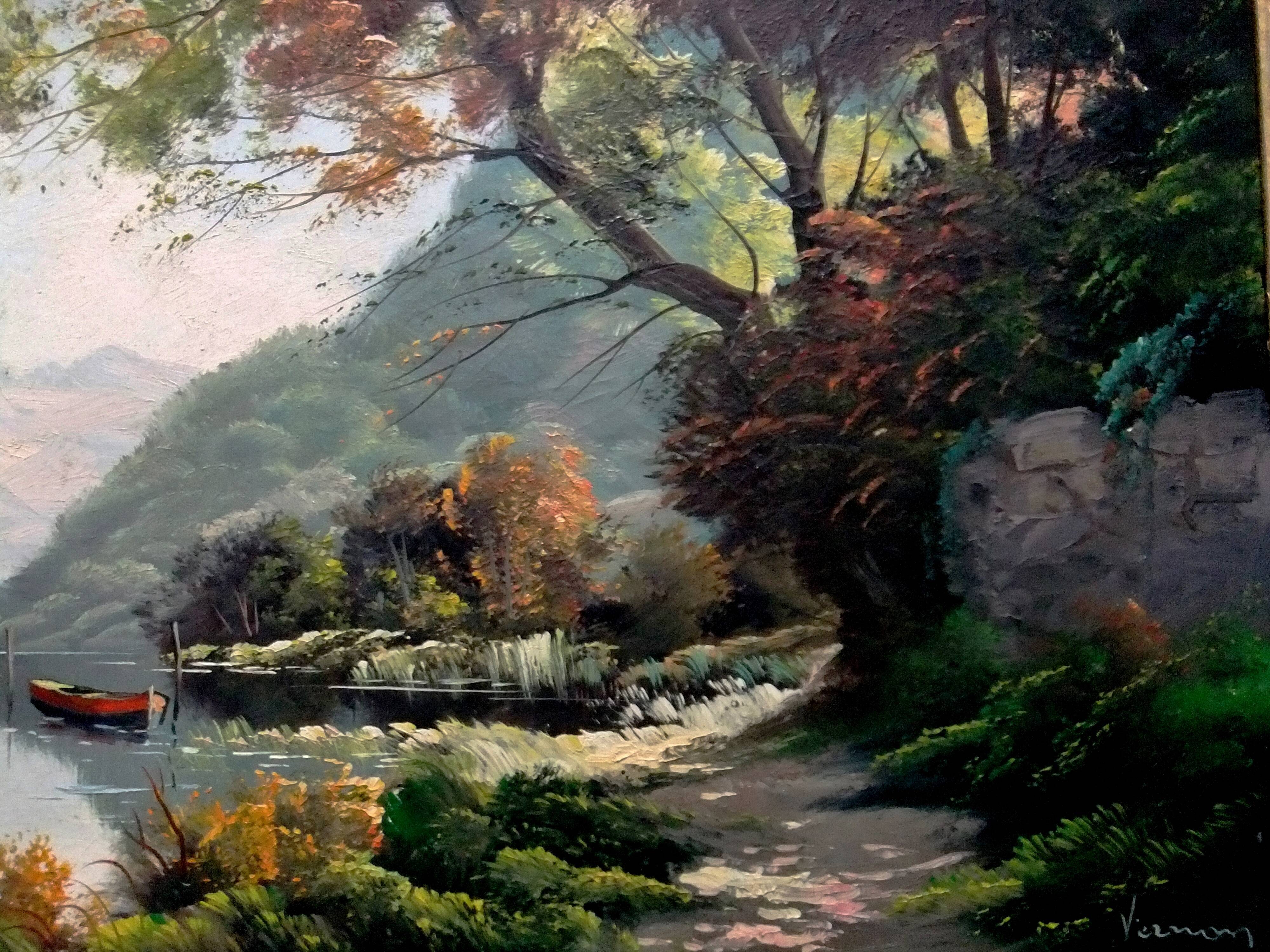 Oil painting landscape signed Vernon Gustavian blue and gold frame