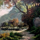 Oil painting landscape signed Vernon Gustavian blue and gold frame