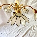 Vintage chandelier in gold metal and mother-of-pearl petals - 5 branches