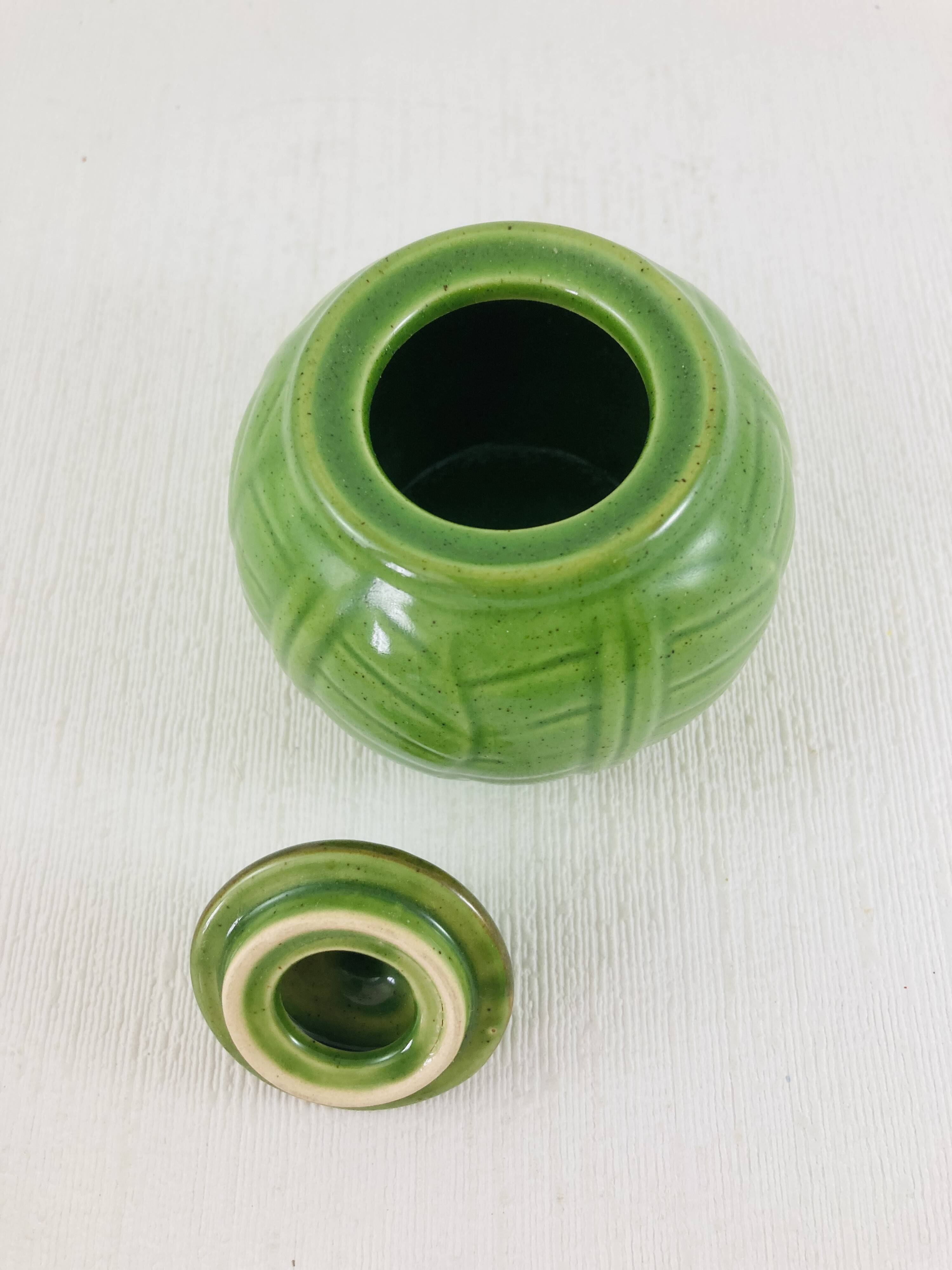 Green earthenware tea set with cabbage pattern, vintage 1970s.