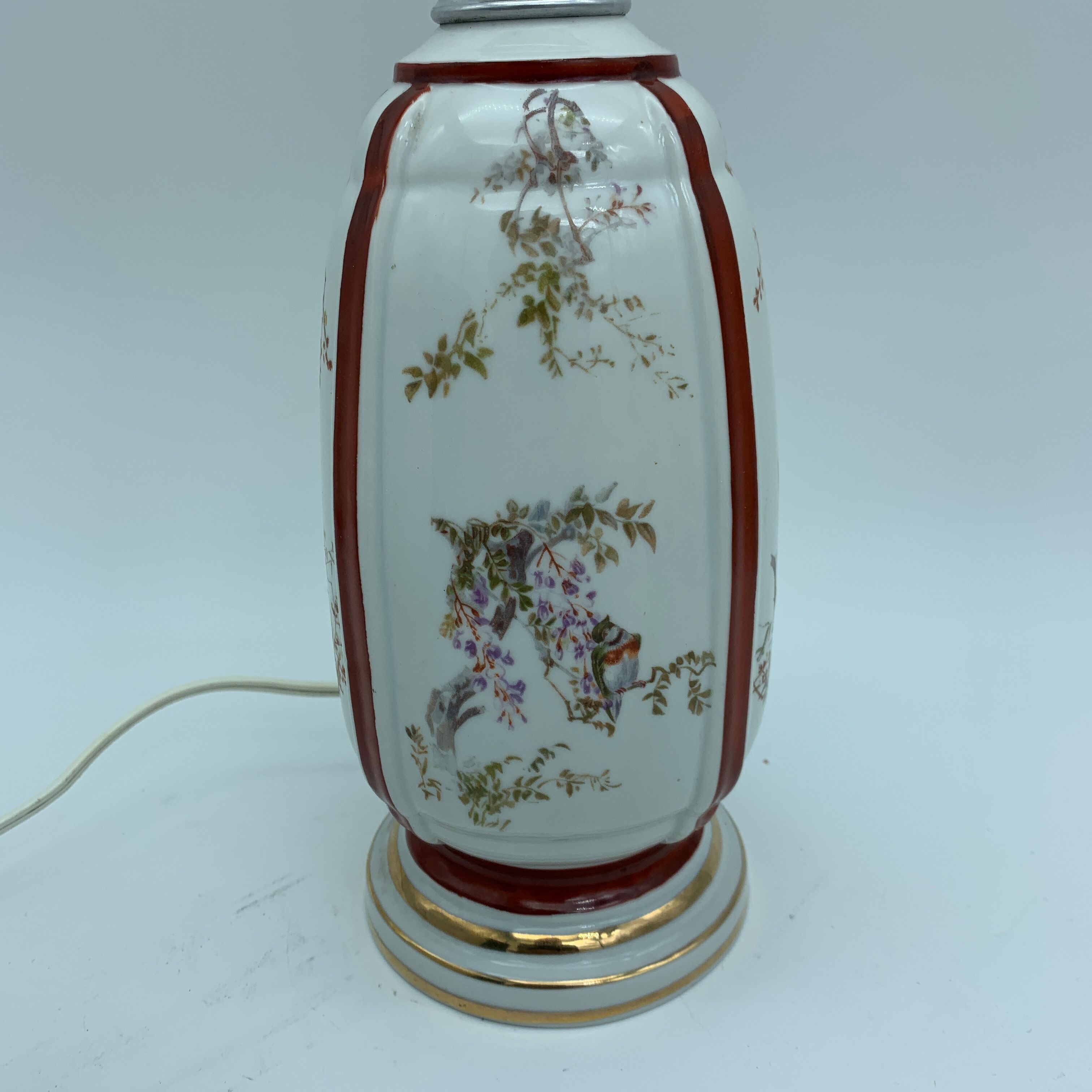 Foot antique porcelain lamp has early 20th century bird decoration (Limoges Paris?)