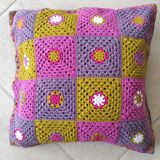 Vintage cushion made with multicolored crochet square shape