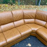 Large 6-seater corner sofa in cognac brown genuine leather