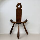 Brutalist hand carved oak Spanish tripod chair , 1970s