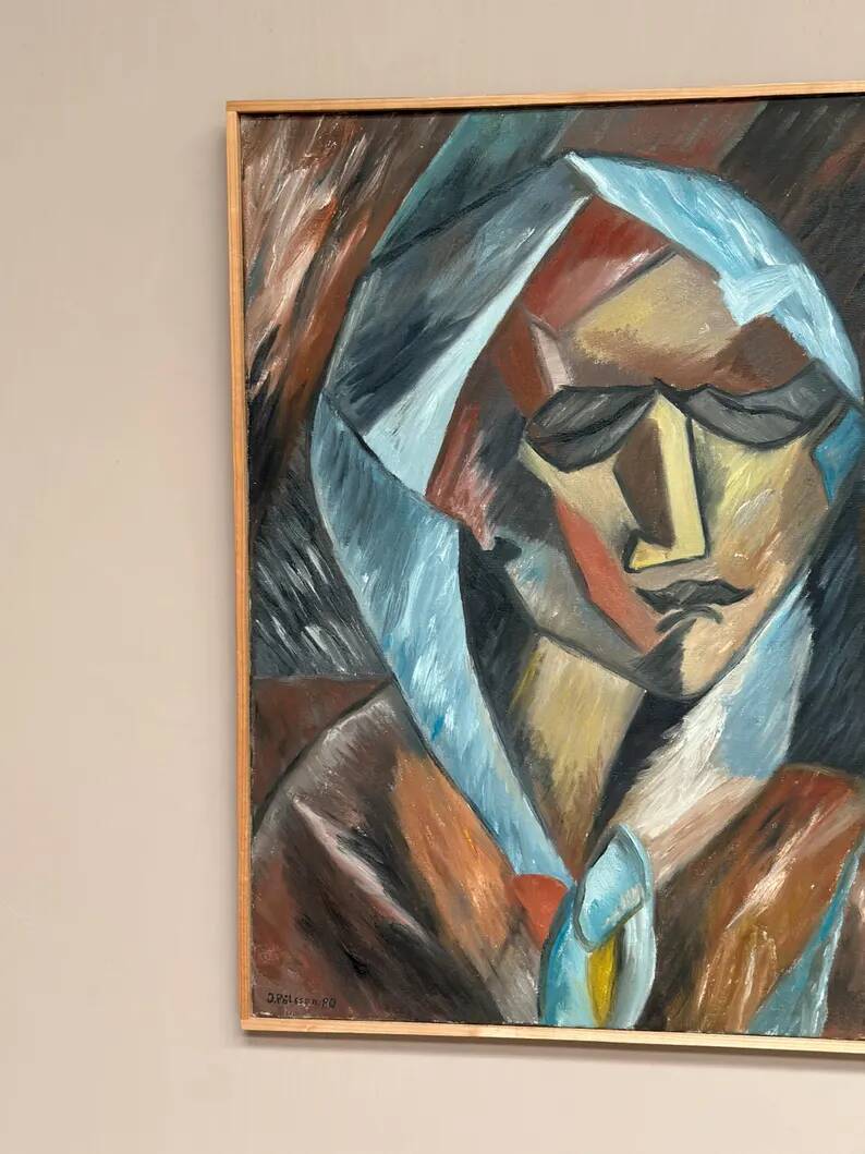Original Swedish Oil on Canvas – “Cubist Woman Portrait” by Jan Pålsson – Signed – Dated 1980 – Vintage & Framed – 77 × 62 cm