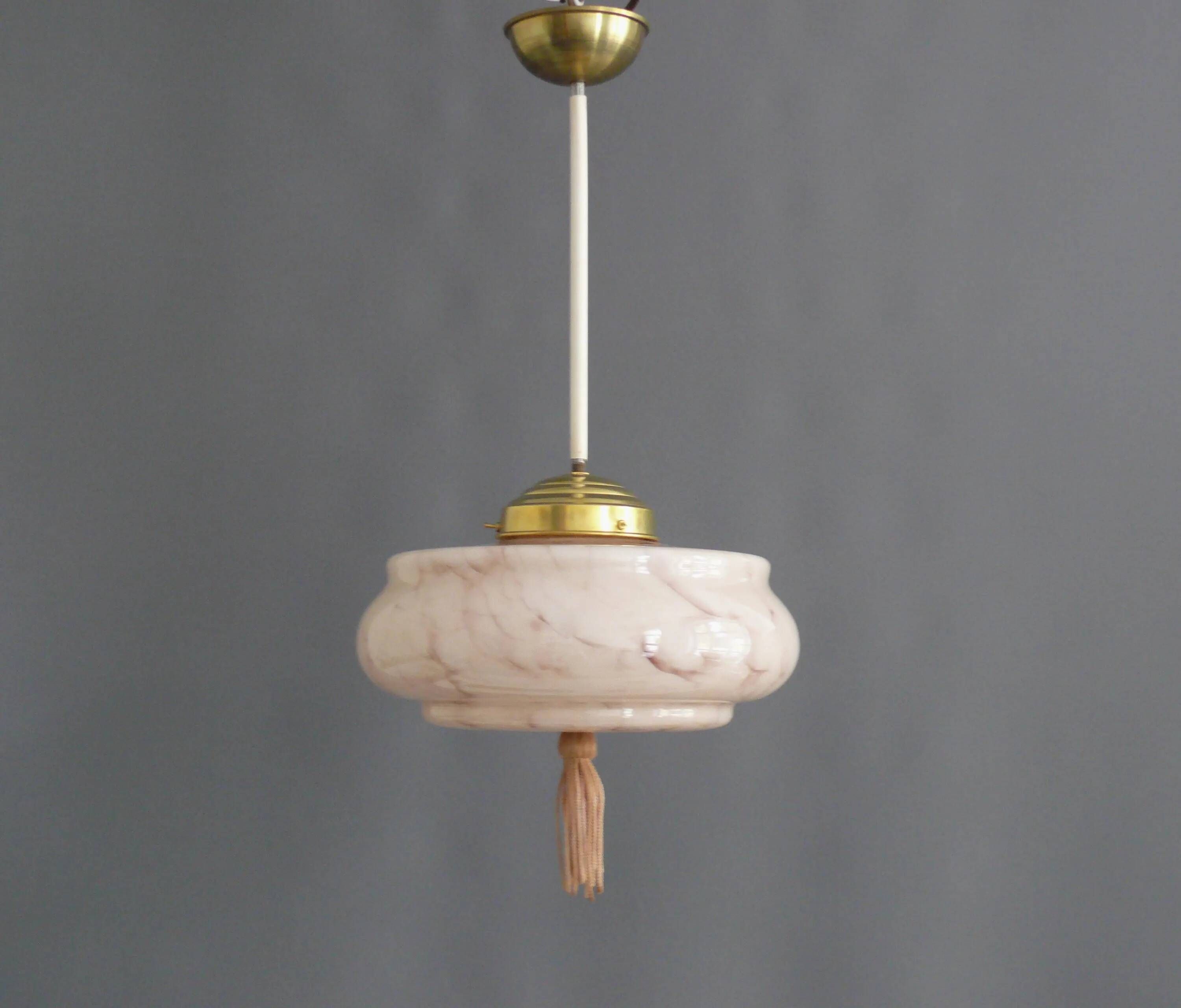 Art Deco Stab-Pendant Light with Marbled Glass Shade, Germany 1930s
