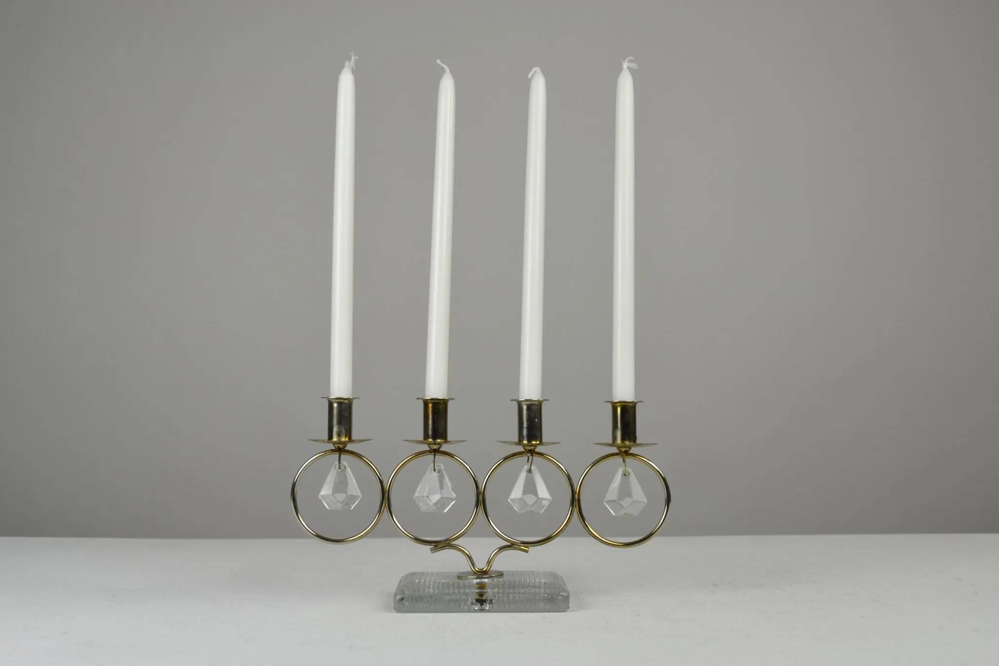 Brass Candelabra with Art Glass Base and Glass Prisms by Gunnar Ander for Ystad-Metall, Sweden, 1950s