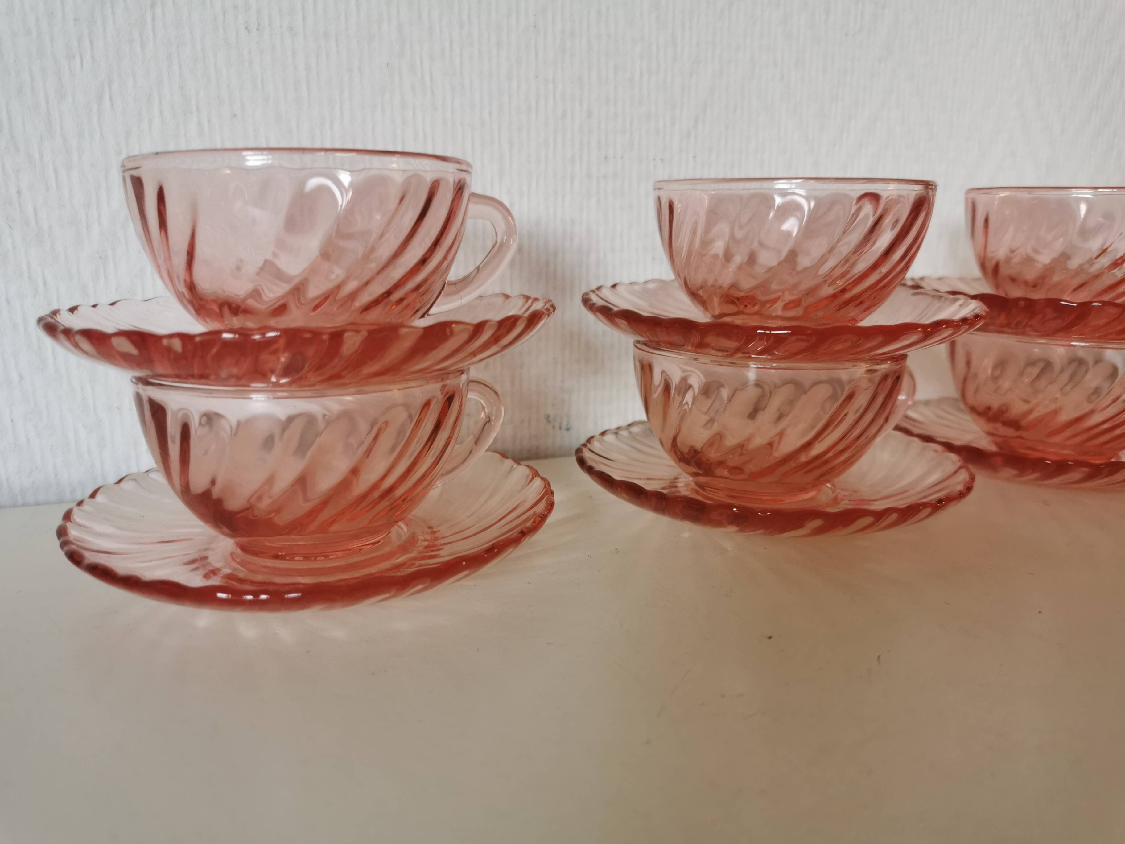 set of 6 pink glass coffee cups and saucers, rosaline