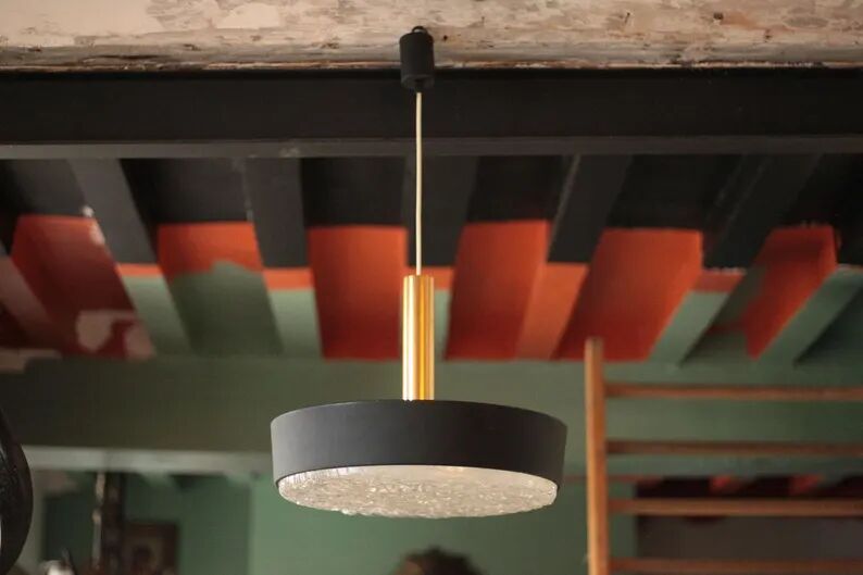 Jean Gandelin suspension in black lacquered sheet metal, white metal, brass, and diffuser in Cristalux/etched Plexiglas.