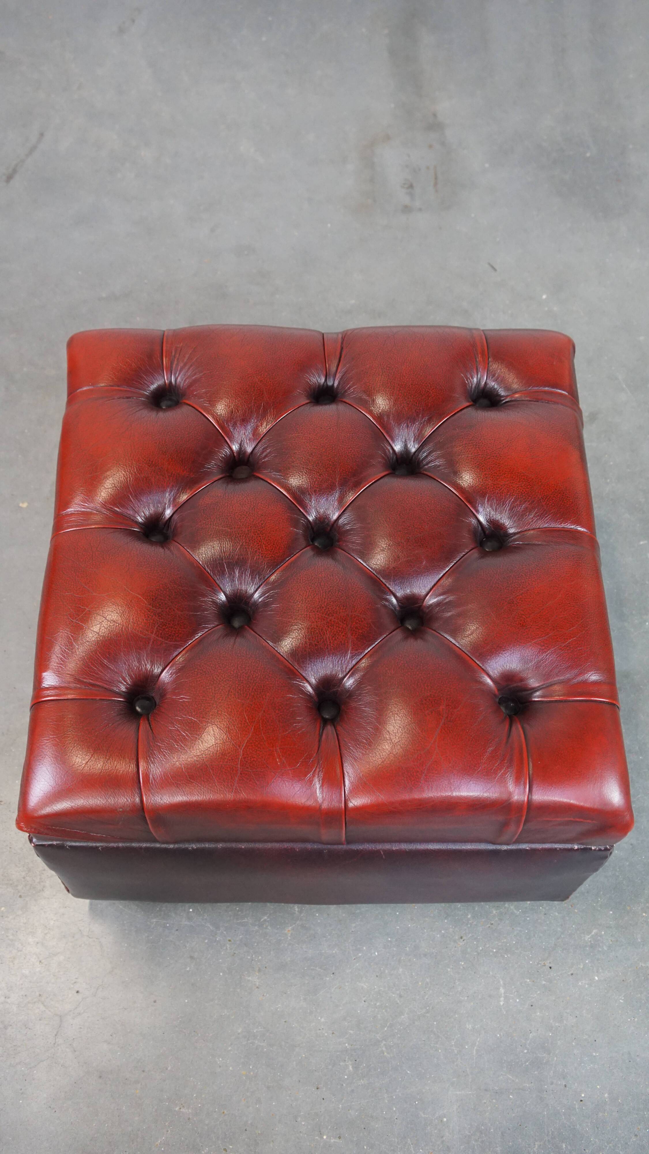 Red cow leather square chesterfield ottoman/storage pouf