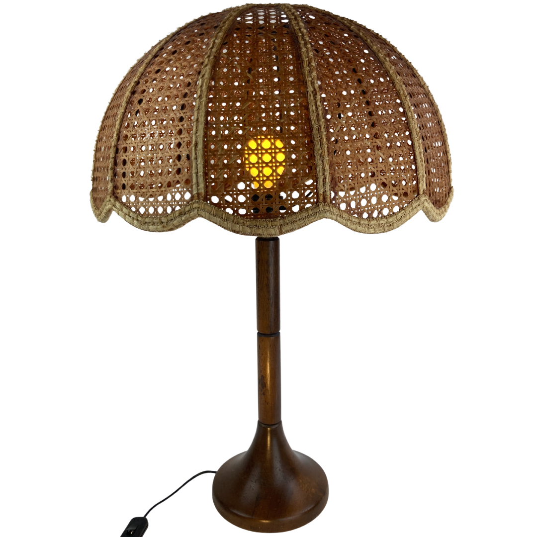 Lampe de table d’abat-jour de champignon en fausse toile de bambou, années 1960