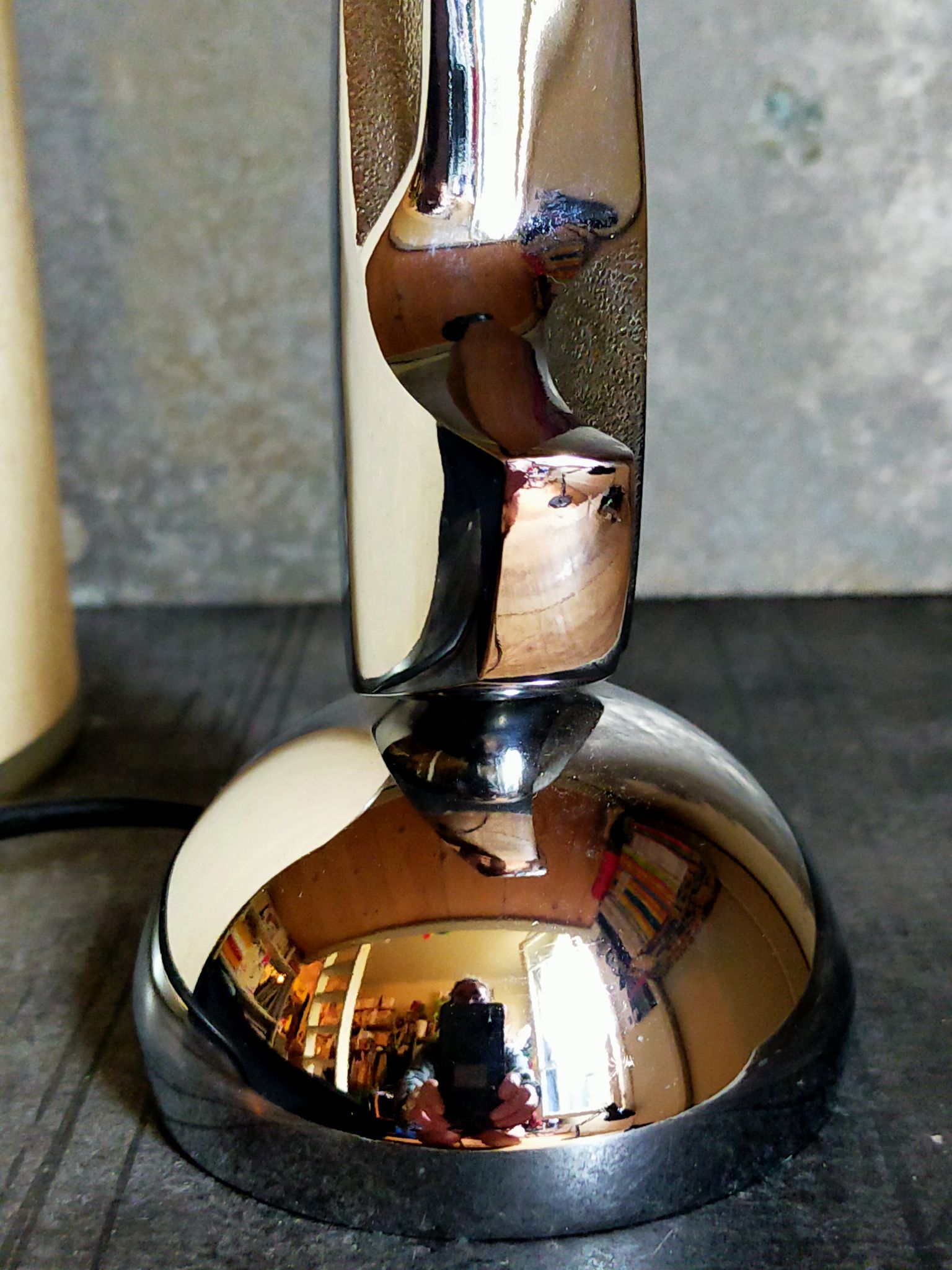 Modernist lamp chromed metal 70s, beige canvas lampshade