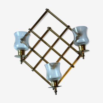 Wall candle holder, tealight holder, made of brass and glass, vintage from the 1970s