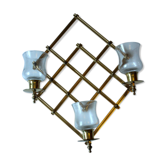 Wall candle holder, tealight holder, made of brass and glass, vintage from the 1970s