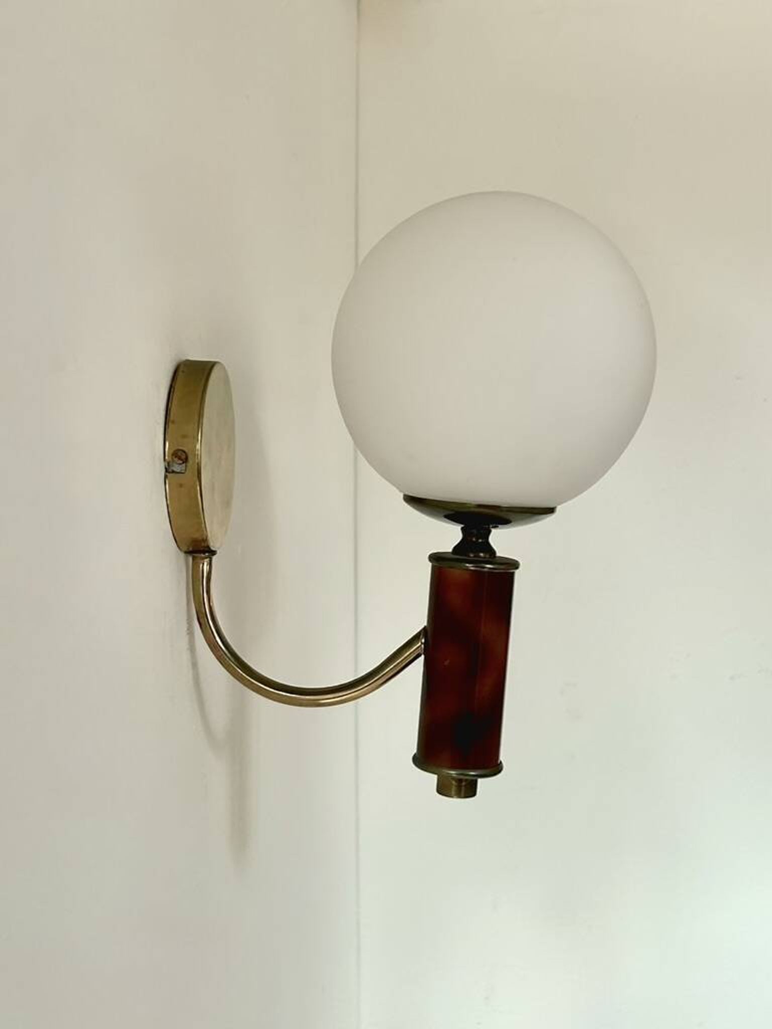Vintage wooden, brass, and opaline wall light, France, 1970.