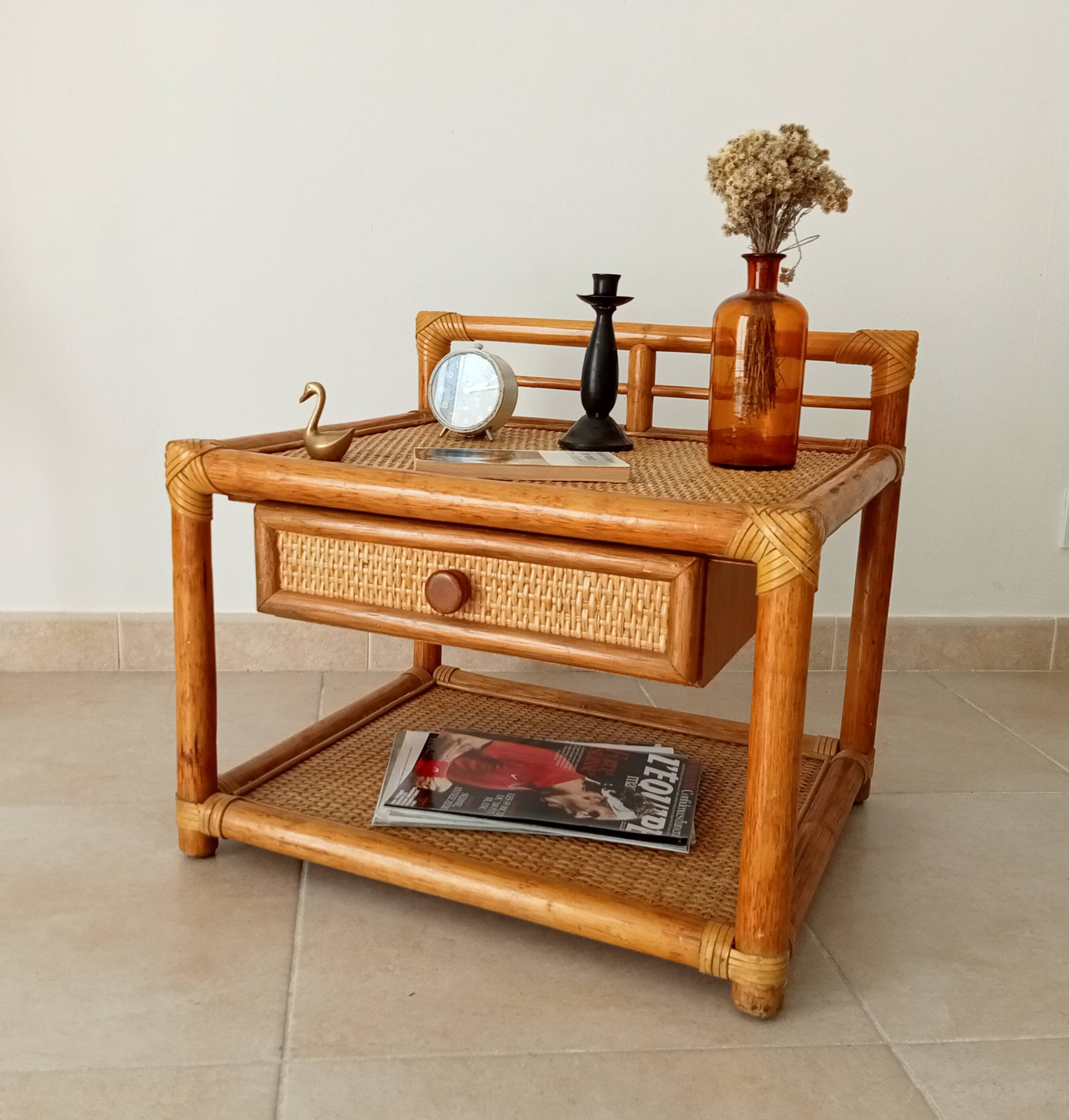 Vintage Maugrion side table in bamboo and rattan