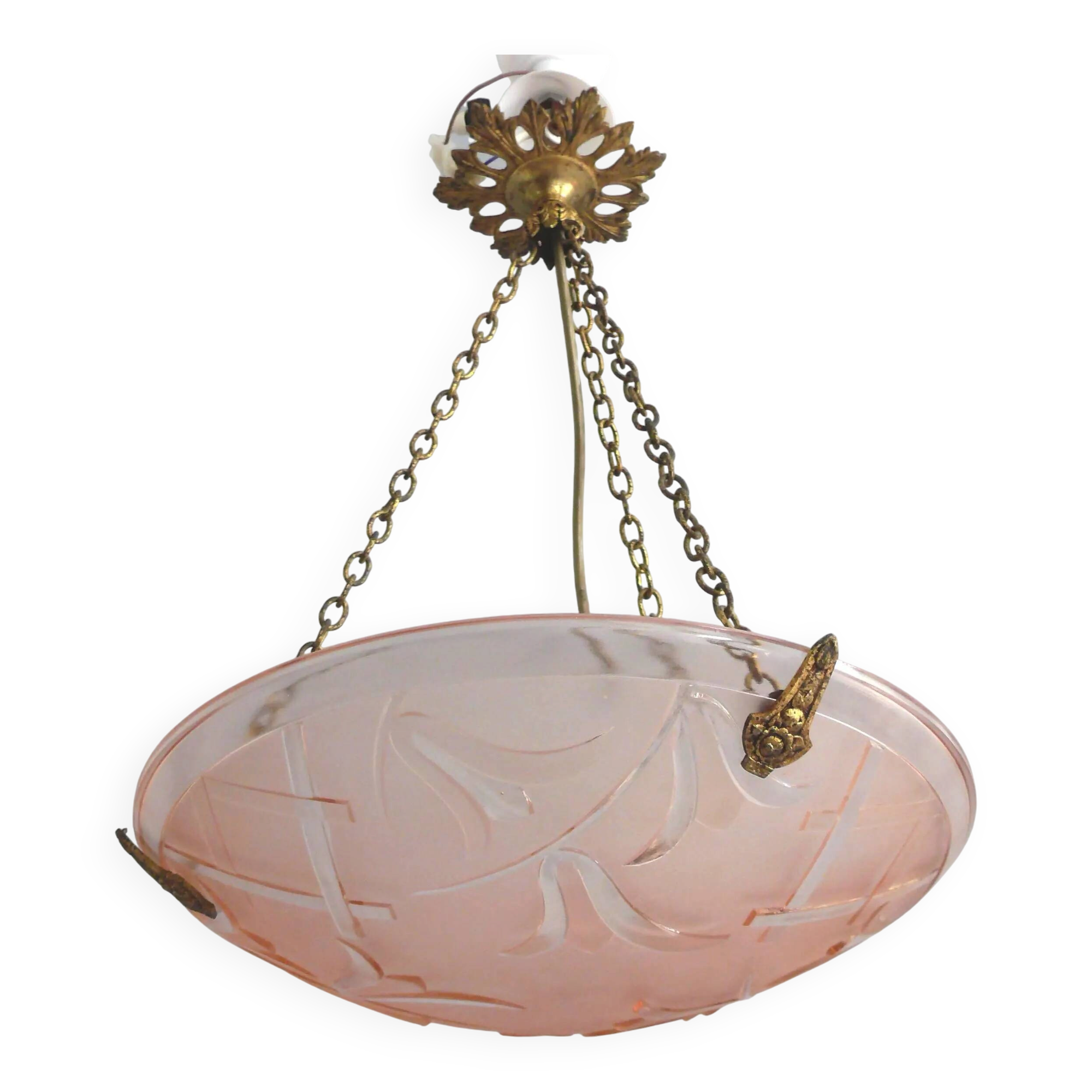 French Art Deco Glass Pendant Light with Chain Suspension, Degue, 1920s - 1930s