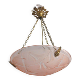 French Art Deco Glass Pendant Light with Chain Suspension, Degue, 1920s - 1930s