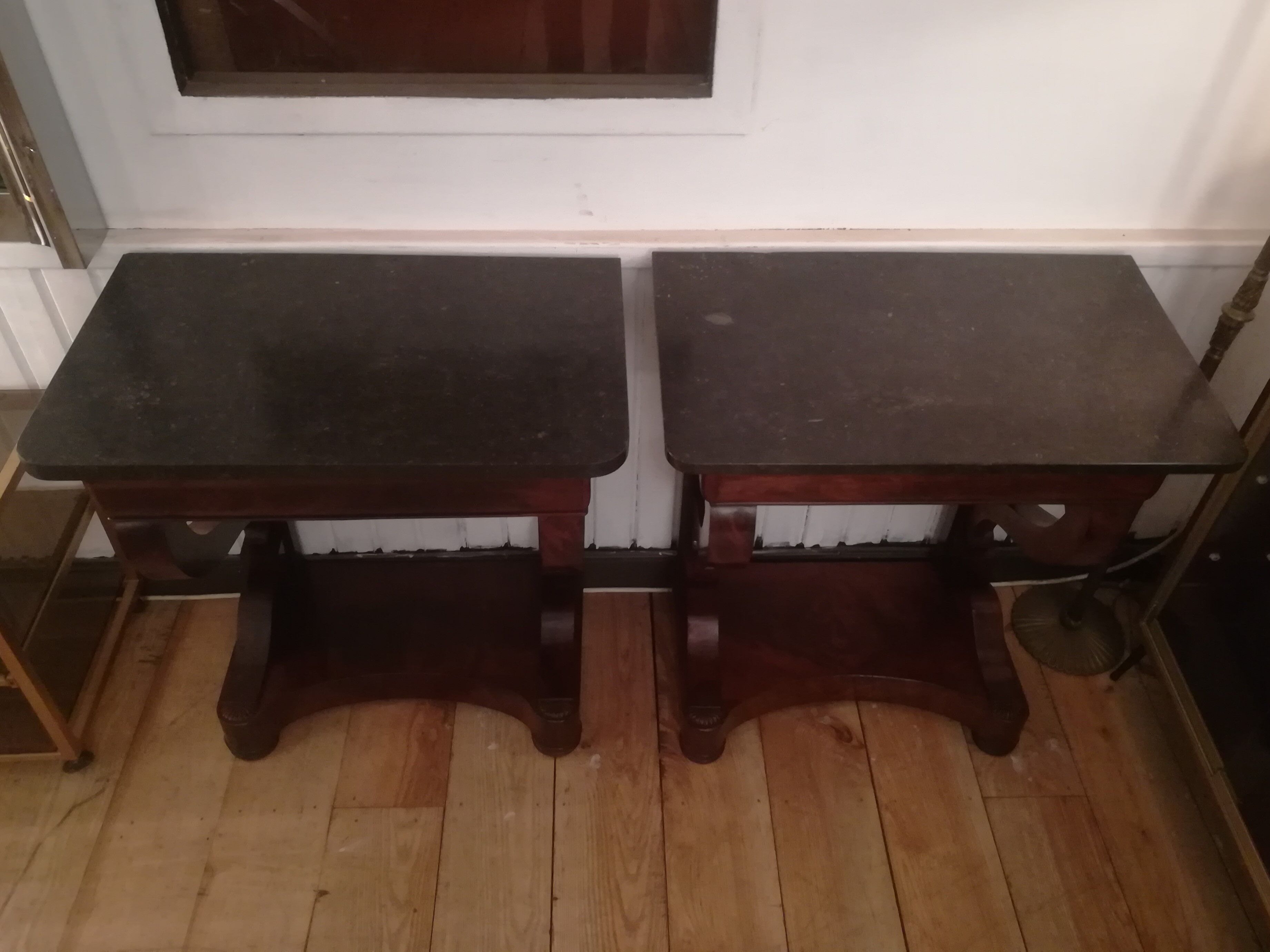 Consoles pair restoration in mahogany and black granite