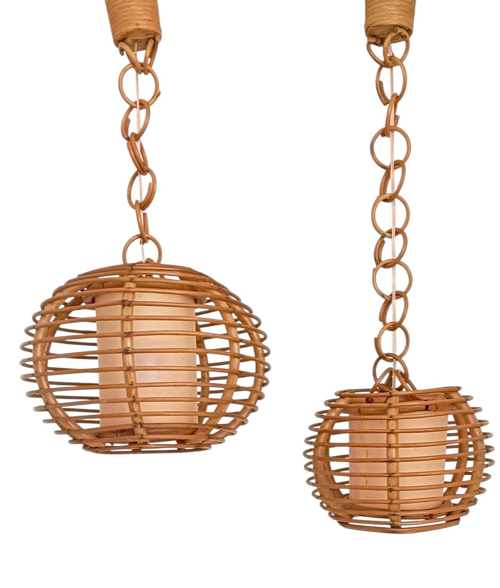 Mid-Century Globe Pendant Lamps, Bamboo & Rattan, c. 1960s