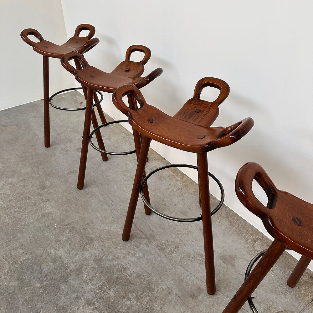 Vintage Sergio Rodrigues style bar stool, solid wood saddle stool, Brazilian modern