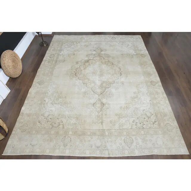 1970s Vintage Persian Handmade Wool Cotton Beige Area Rug 289x376