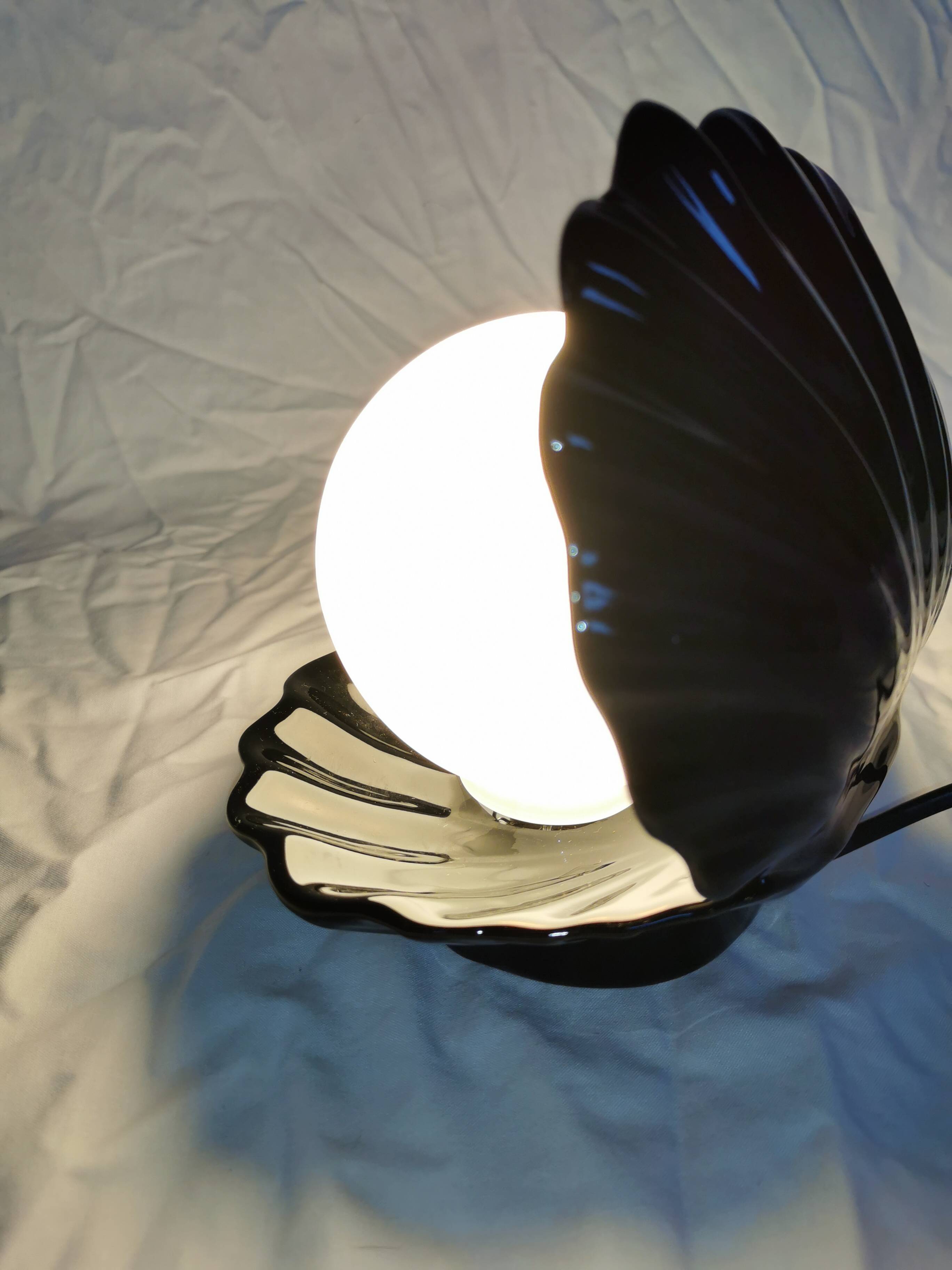 Ceramic shell lamp with opaline pearl, Saint-Jacques, France, 1980