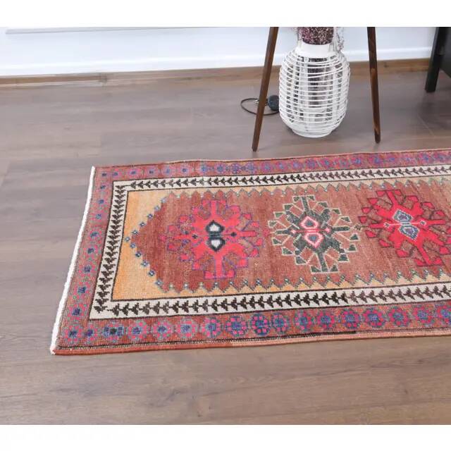 Vintage Turkish Oushak Handmade Wool Cotton Red Runner 87x369