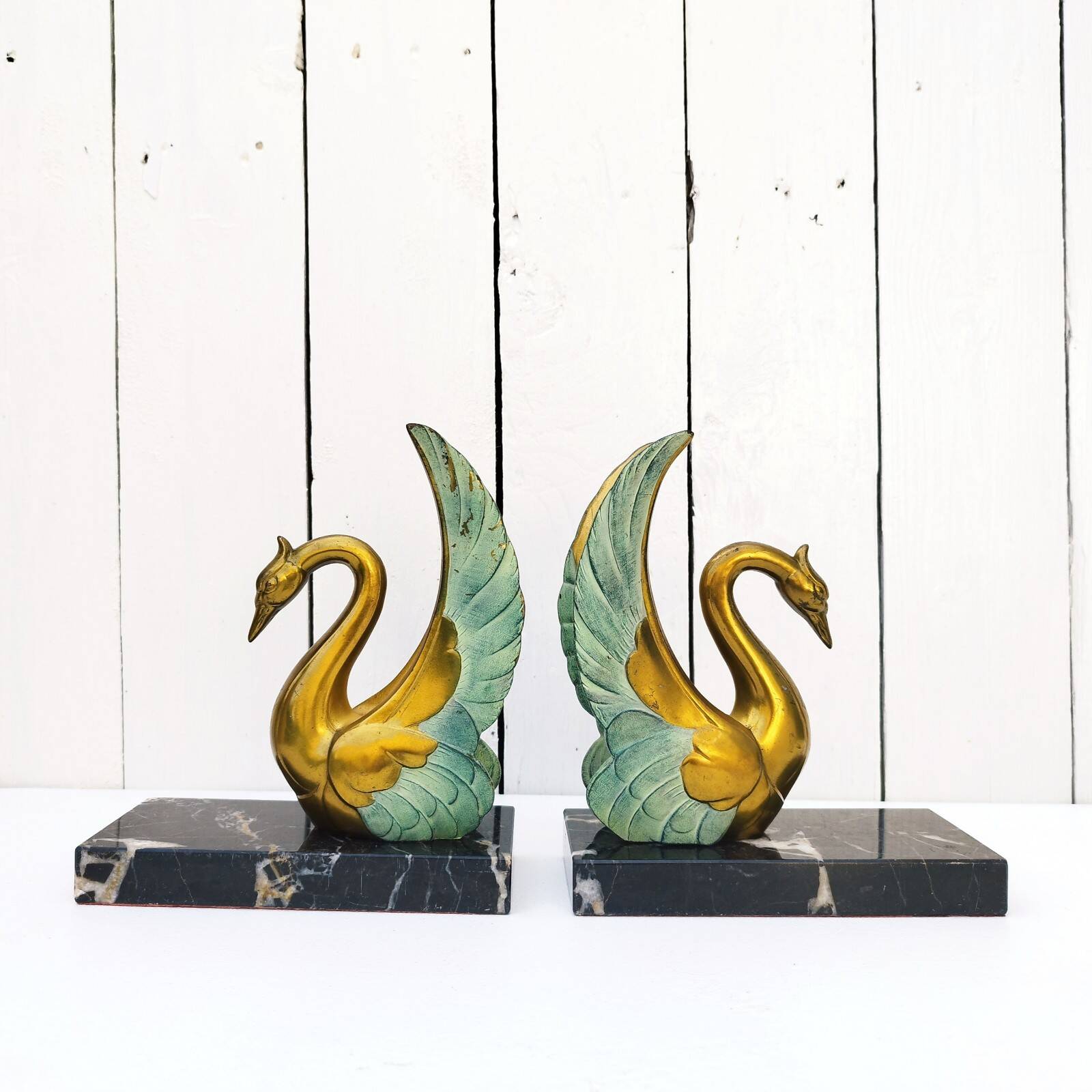 Pair of art deco golden swan bookends