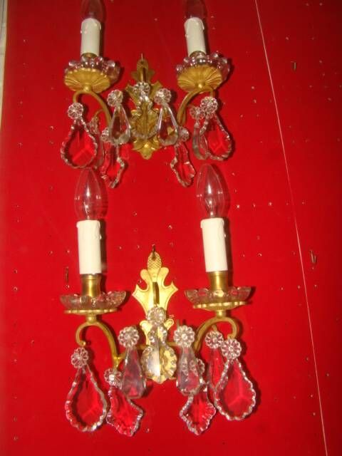 Pair of bronze and crystal wall lights with 2 arms of light