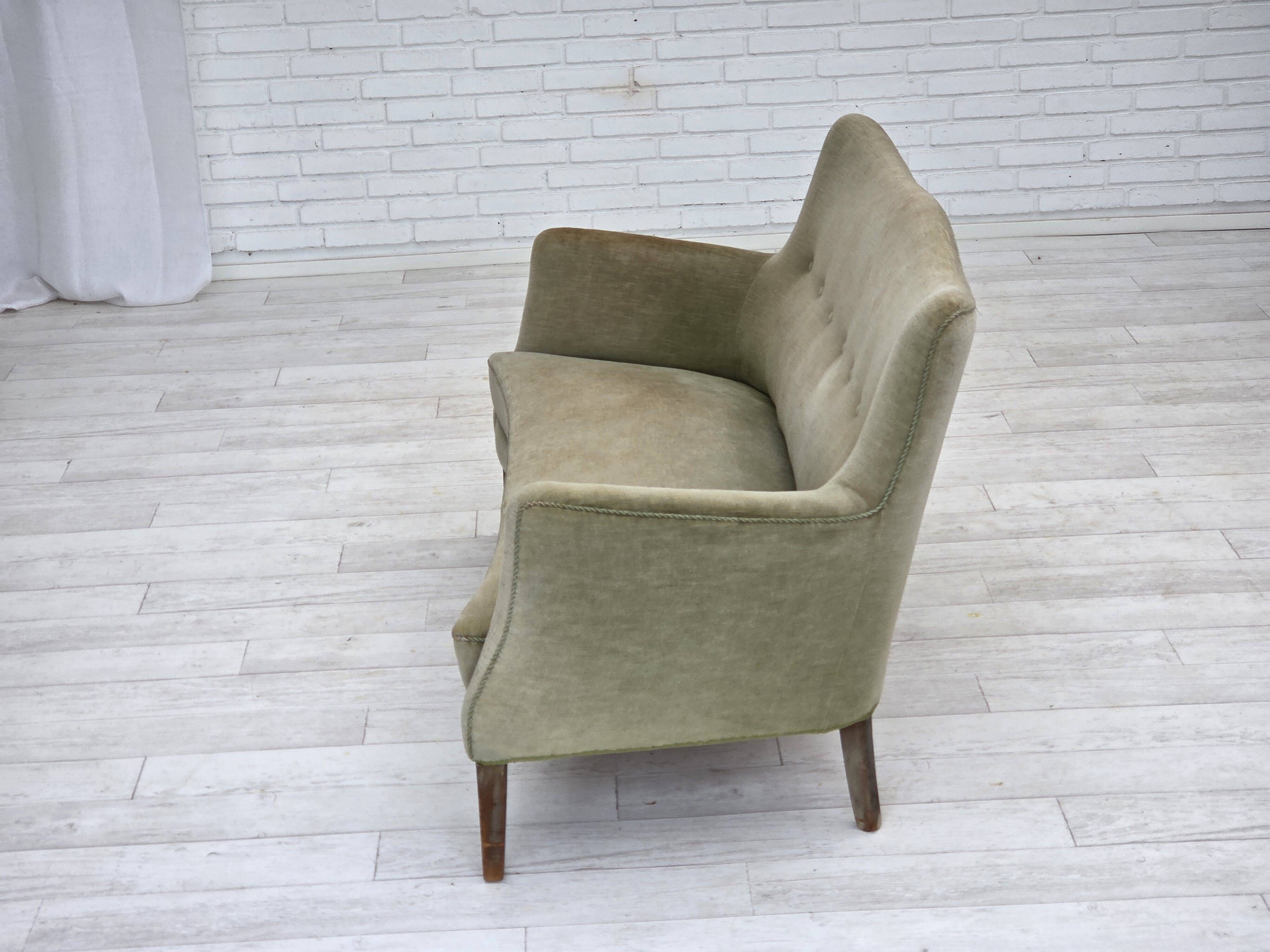 1960s, Danish curved 2-seater sofa, furniture velour, beech wood.