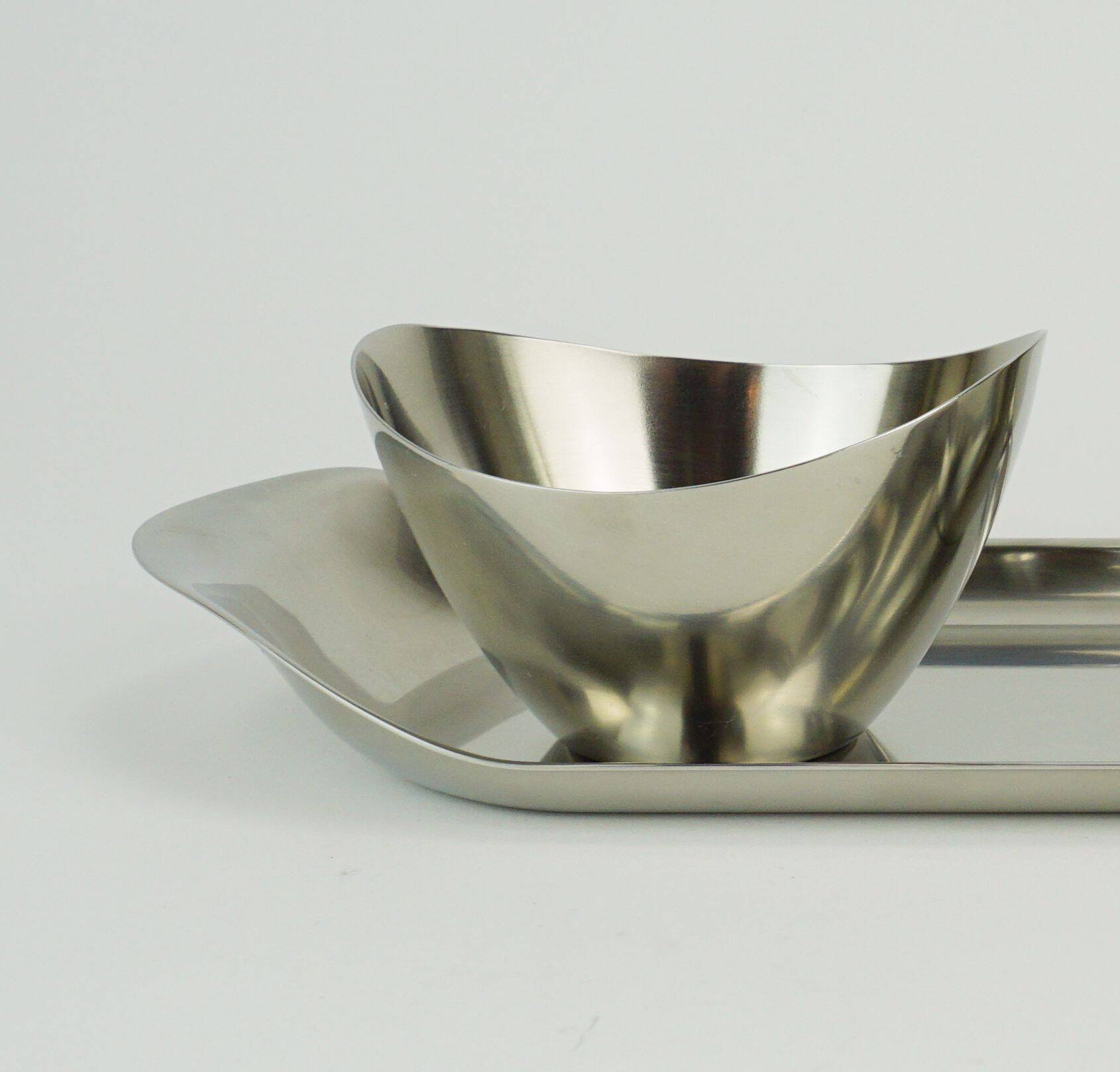 Danish 3-piece set sugar bowl creamer and tray stainless steel