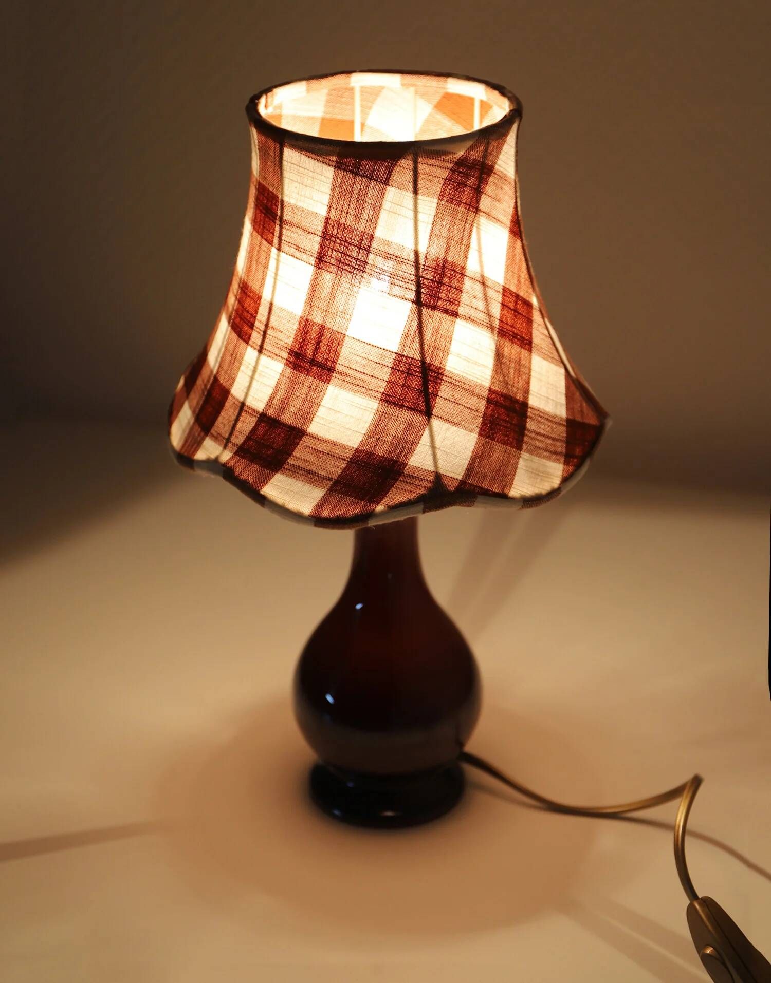 Recycled vintage lamp — brown ceramic base, terracotta gingham shade