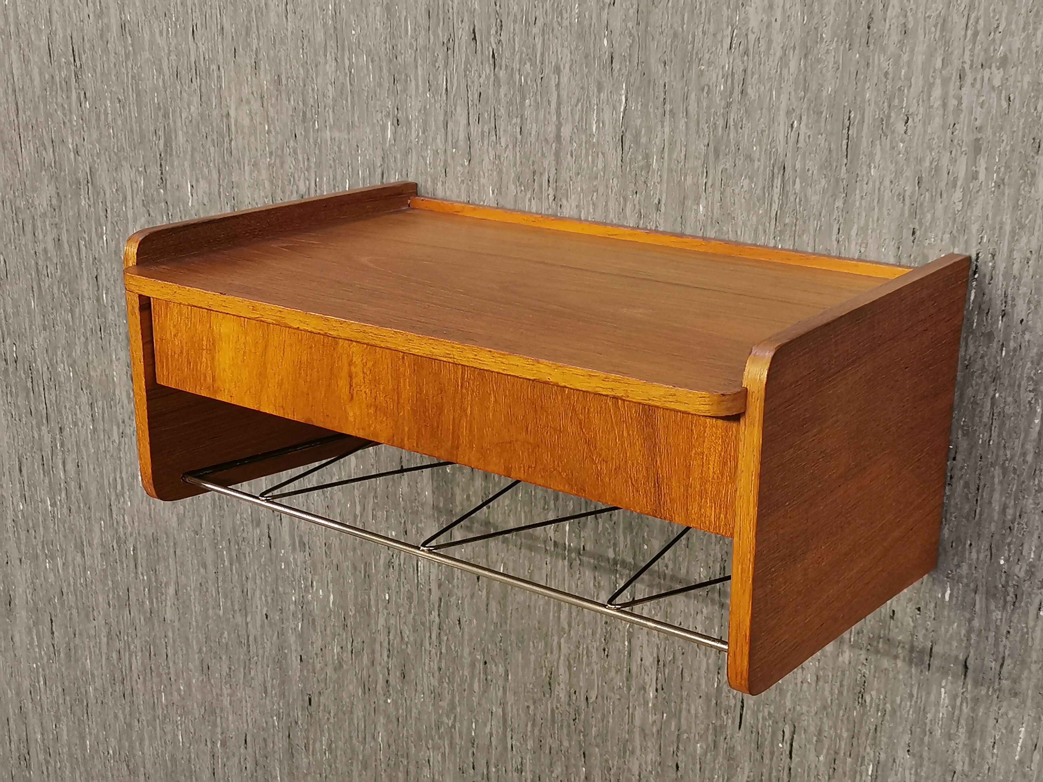 Scandinavian bedside wall shelf in teak