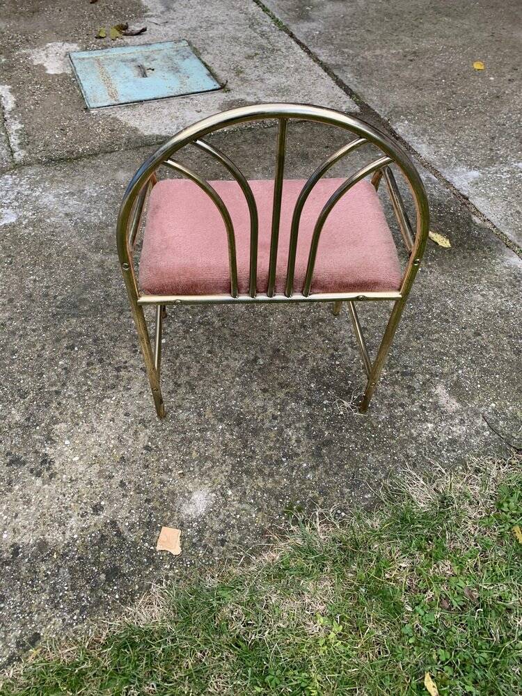 Vintage brass stool with pink seat, 1950s, Czech Republic