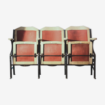 Triple bench of vintage theater 1900 - wood and metal