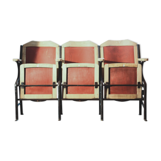 Banquette triple de théâtre vintage 1900 -  bois et métal