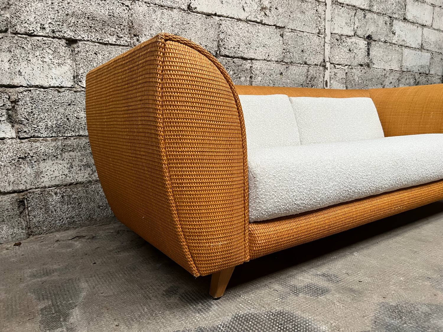 Vintage rattan sofa design 1970 ecru French terry fabric
