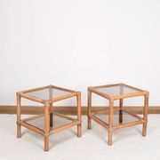 Pair of bedside tables or side tables, in rattan and smoked glass