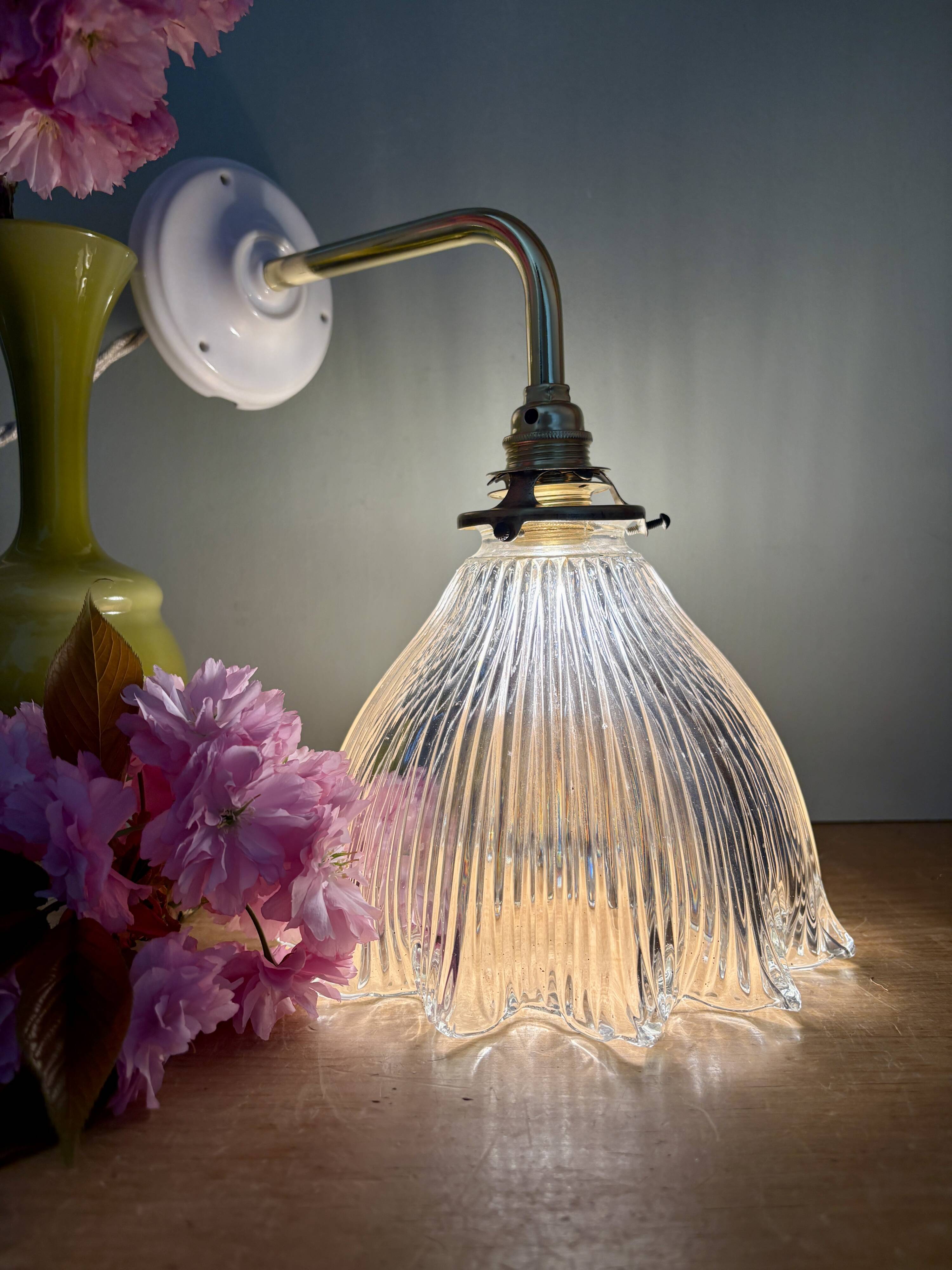 Elbow wall lamp with vintage holophane glass shade