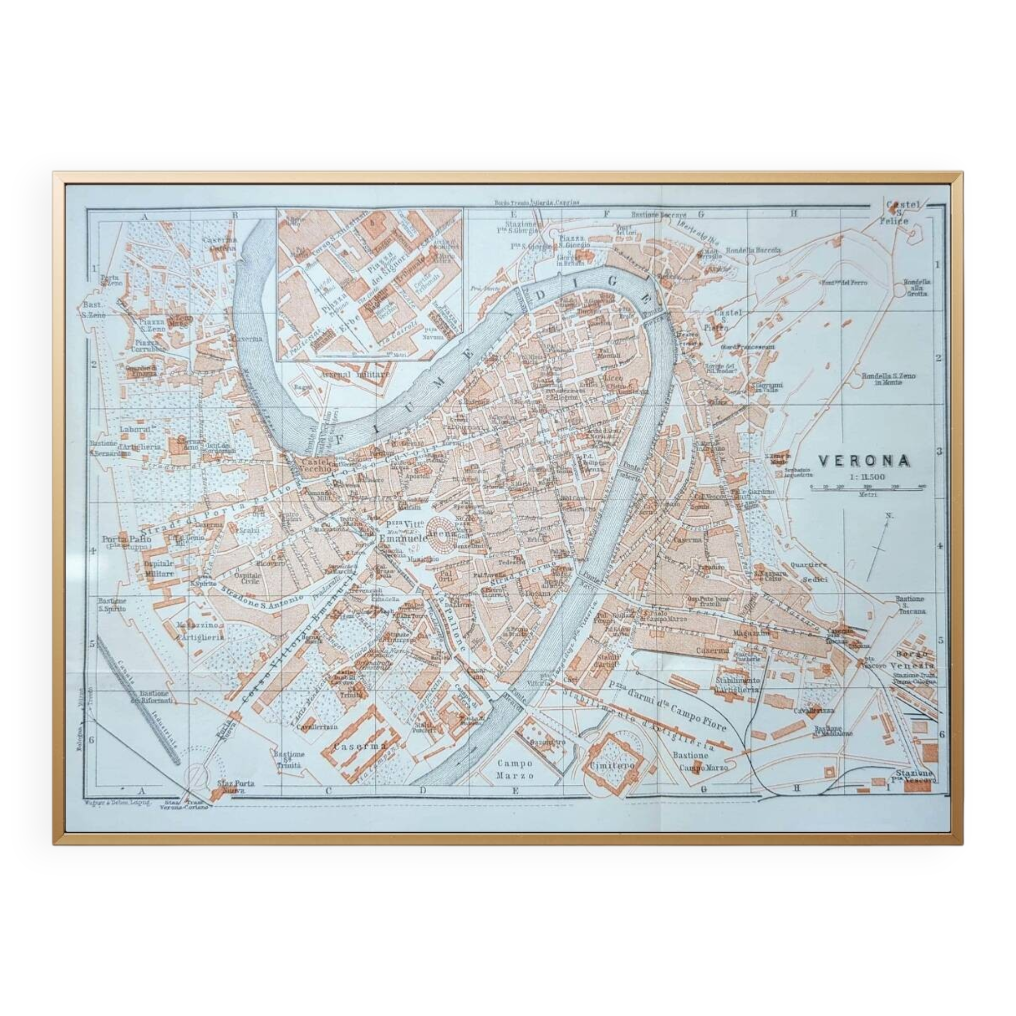 Printed in 1909, map of Verona (Verona), Veneto, Italy.