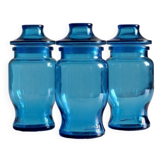 Trio of Lever blue glass jars