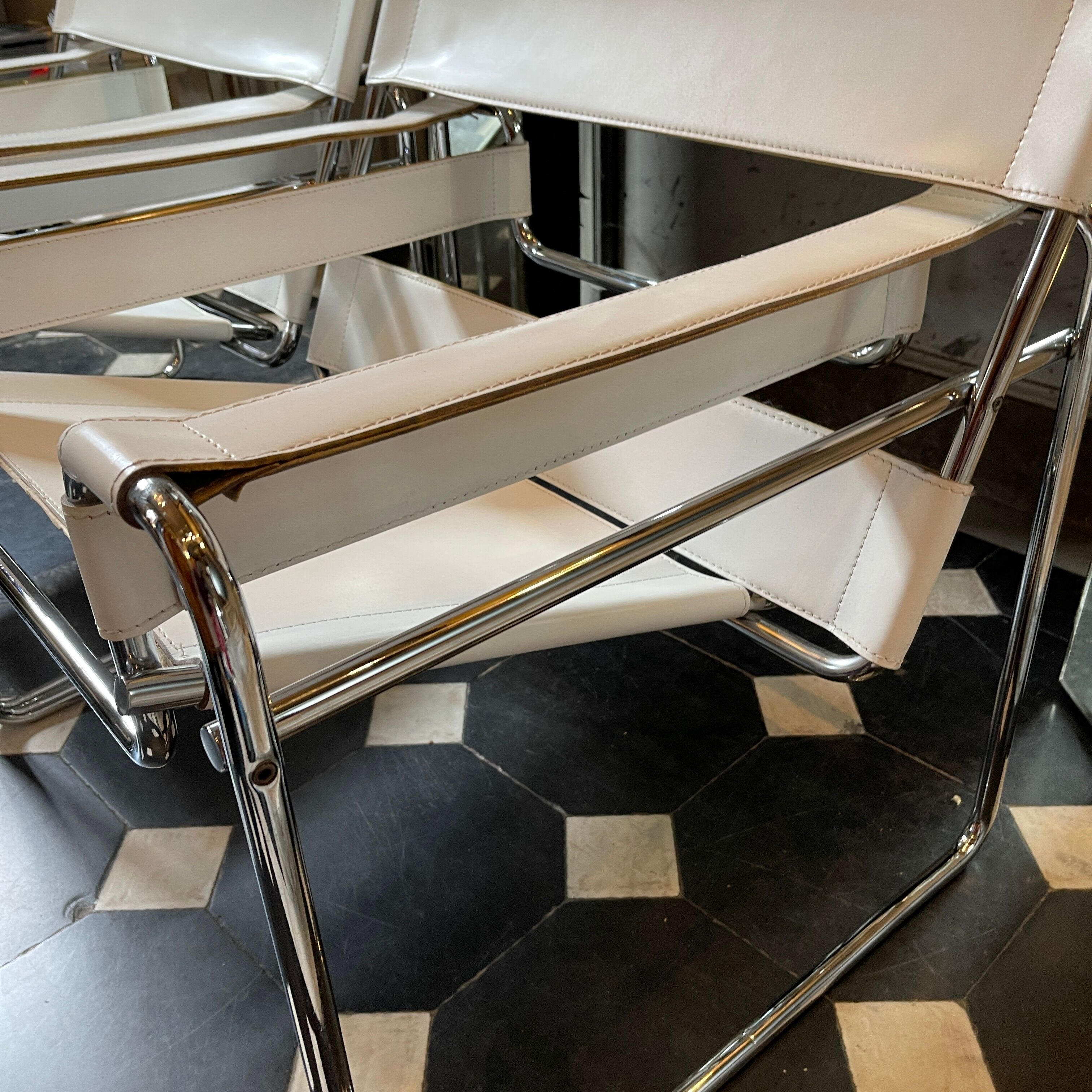 Pair of leather and steel armchairs by marcel breuer for gavina, " wassily b3 "