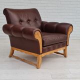 Fauteuil danois vintage, années 1970, cuir, bois de chêne