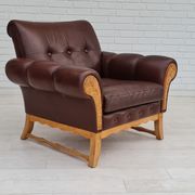 Fauteuil danois vintage, années 1970, cuir, bois de chêne
